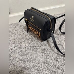 kate spade Black Leather Crossbody with Leopard-Print Panel and Gold Hardware
